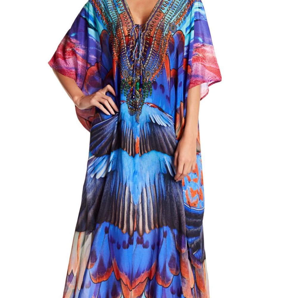 Shahida Parides Blue Feather Print Kaftan Maxi Dress Resort Vacation